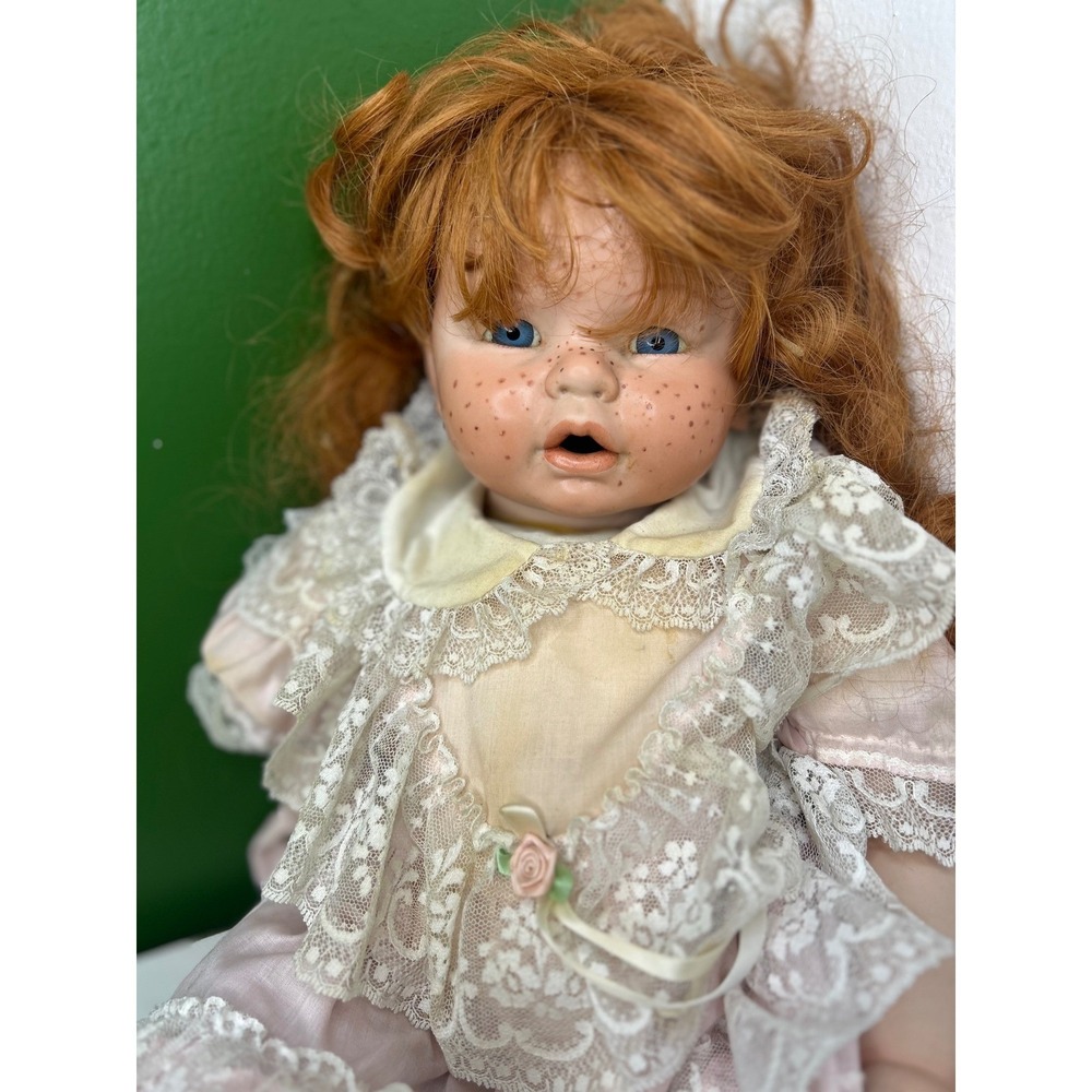 Vintage Porcelain Doll Red Hair Blue Eyes Freckles Pink Lace Dress Victorian - Picture 3 of 9